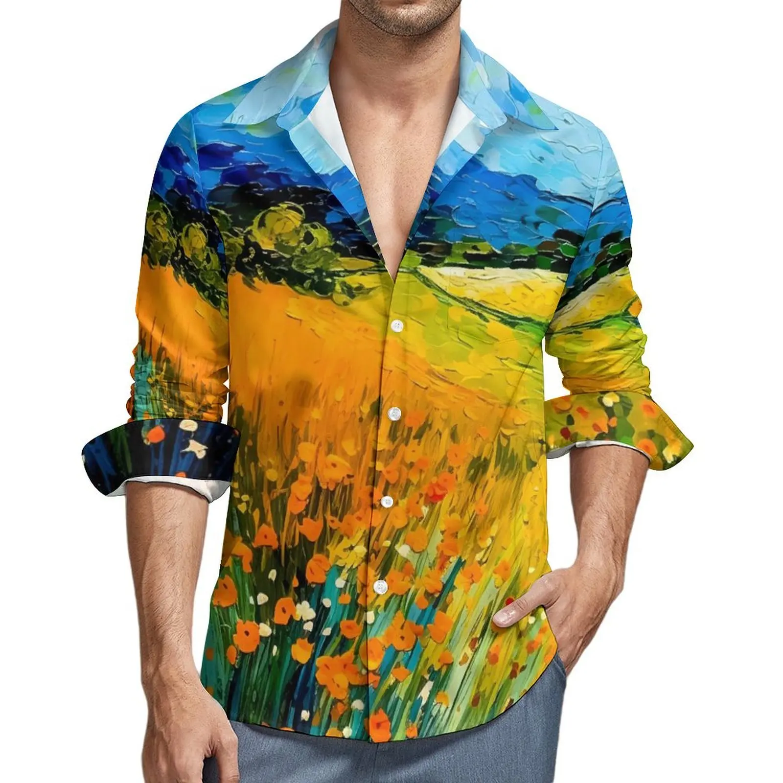 Autumn Oil Painting Blouses Mens Van Gogh Starry Night Graphic Shirt Button Lapel Long Sleeve Cool Fashion Casual Shirts Tops