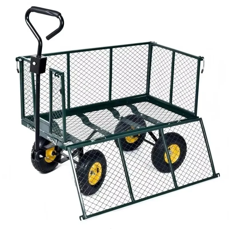 Heavy Duty Steel Mesh Garden Folding Wagon Trolley with Removable Sides Green