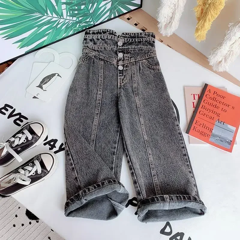 Abbigliamento per bambini Pantaloni per bambina per bambini Pantaloni in denim per neonati con jeans a vita alta Pantaloni a gamba larga per bambini a gamba dritta