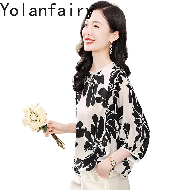 

YOLANFAIRY 100% Real Mulberry Silk T Shirt for Women Summer Loose Elegant Printed Tee Shirt Femme Bat Sleeve Ladies Tops Blouses