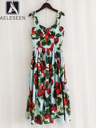 AELESEEN Runway Fashion Women 100% Cotton Dress Spaghetti Strap Strawberry Flower Print Long Elegant Party Vacation Camisole