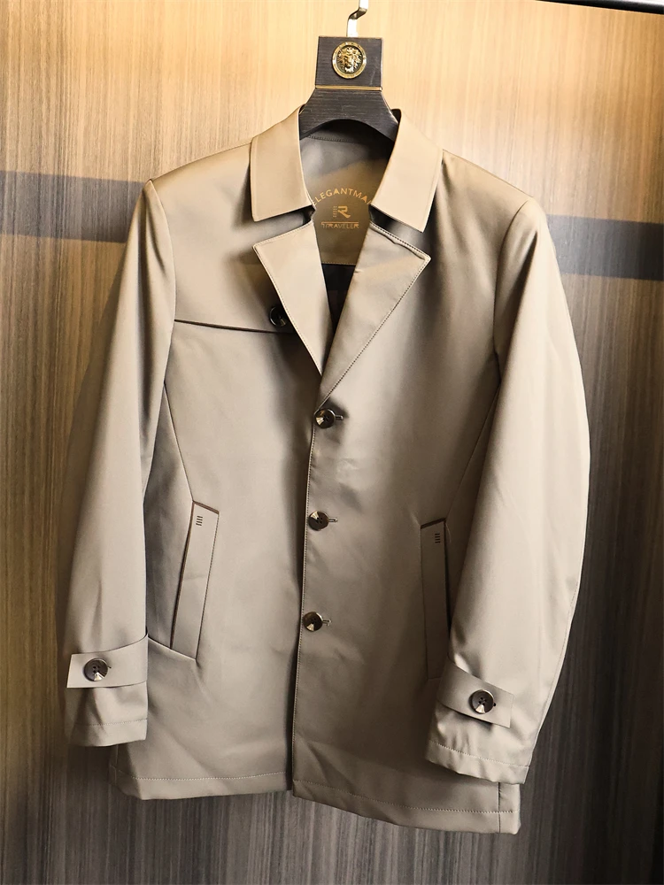 

Ele Men's Pure Color Long Coat with Stand Collar Versatile Autumn Faion Outerwear Polyester Fiber Stand Fit Urban Sle