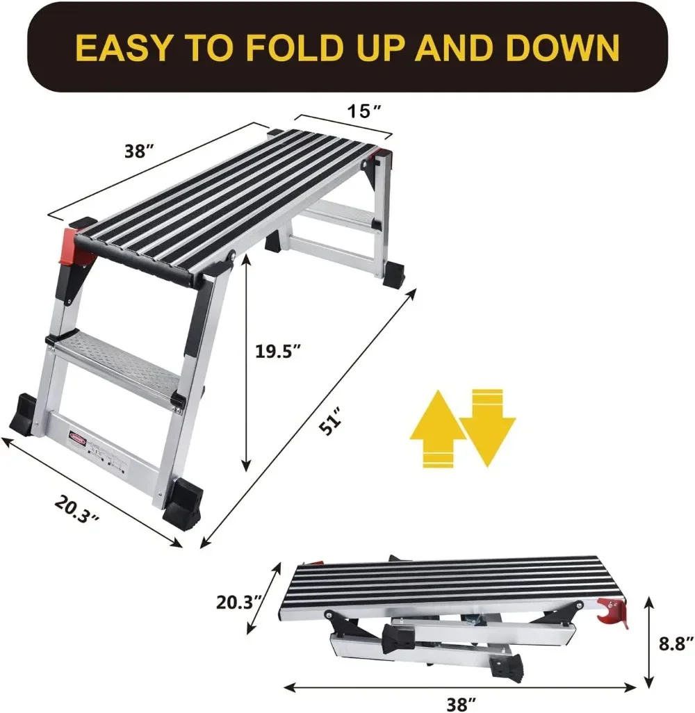 Plataforma de trabajo de aluminio, taburete de gran tamaño, banco de trabajo portátil plegable con estera antideslizante, capacidad de 660 LBS, resistente