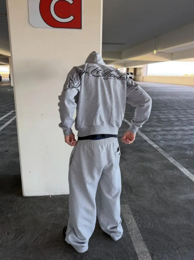

Y2K Unisex Letter Print Tracksuit Black Gray Casual Hooded Sweatshirt Sweatpants Sudadera Одежда Pantalones Baggy Vintage パーカー
