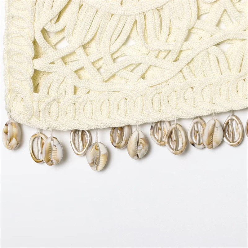 KEANKETIAN 2025, novedad de verano, chaleco calado con decoración de concha para mujer, chaleco para vacaciones, Top corto sin mangas con cuello en V, ropa de playa