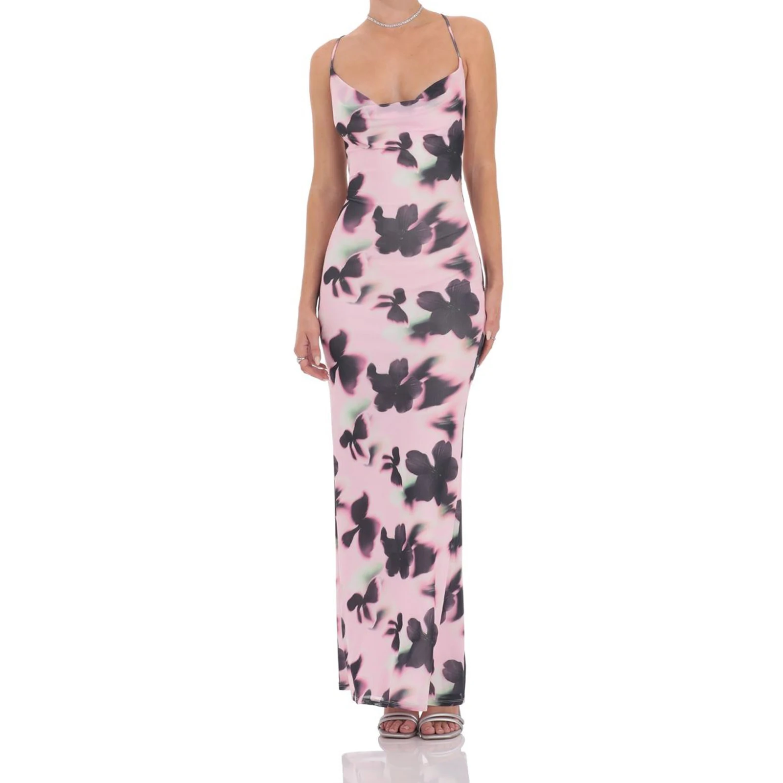 فستان نسائي صيفي بدون ظهر بطبعة زهور بدون أكمام وحزام سباغيتي ورقبة دائرية وظهر متقاطع فستان طويل بقصة ضيقة