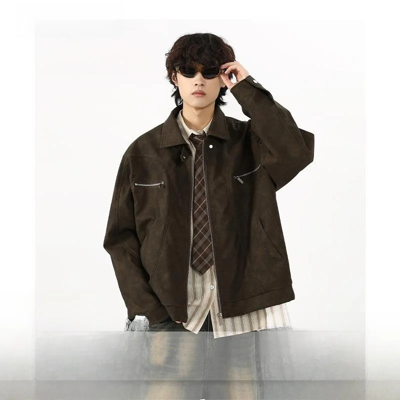 

American Style Vintage Brown Leather Jacket Men's CleanFit Autumn Motorcycle Workwear PU Leather Coat Loose Fit Fashion Urban...