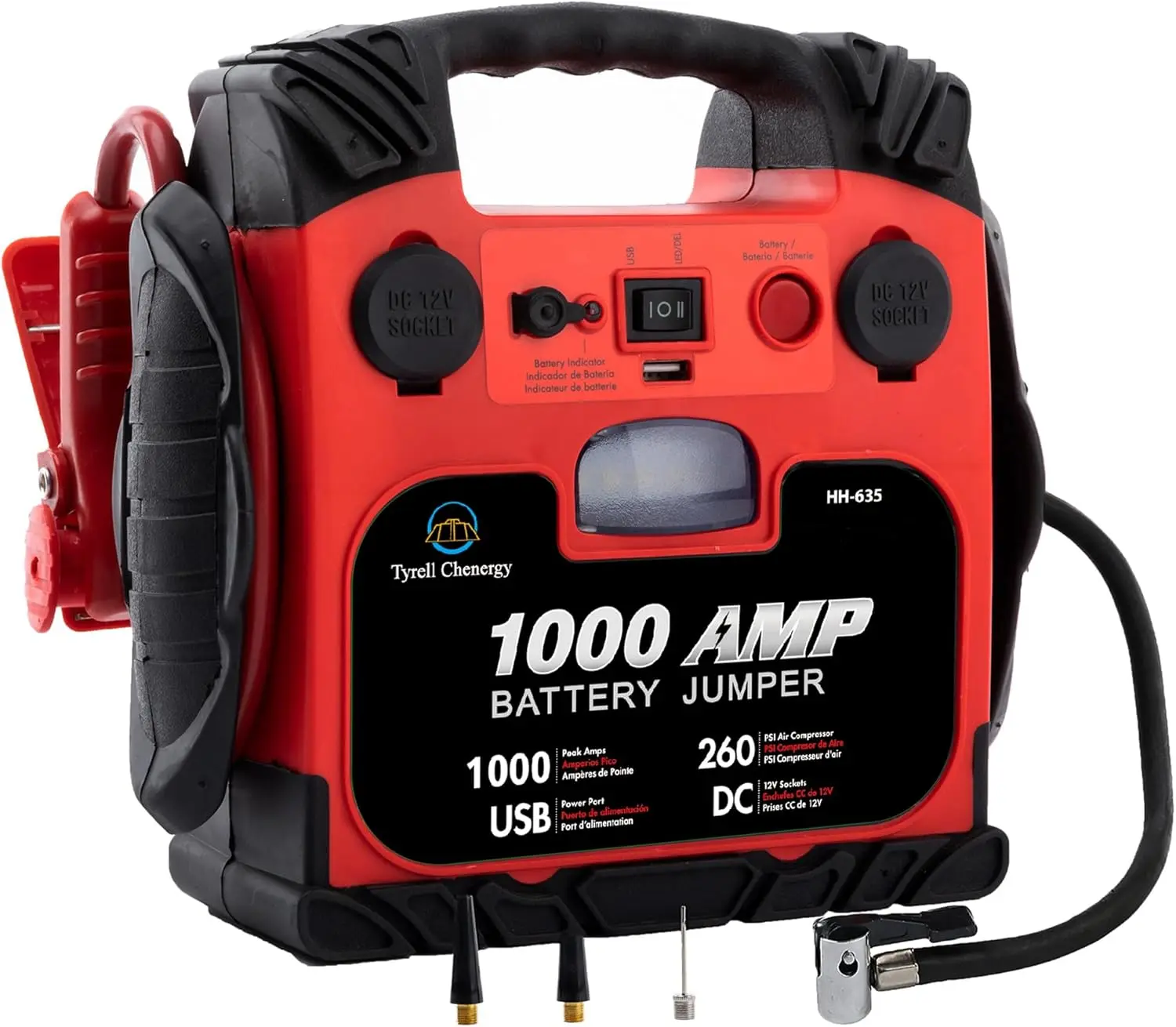 

Portable Car Battery Jump Starter with Air Compressor, 260PSI Tire Inflator, 1000Amp Booster for Gas/Diesel Engines
