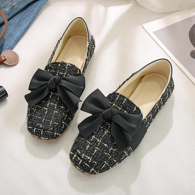 

Korean Shoes Autumn Casual Female Sneakers Women's Moccasins Square Toe All-Match Shallow Mouth Bow-Knot Flats 2022 New Fall Sum