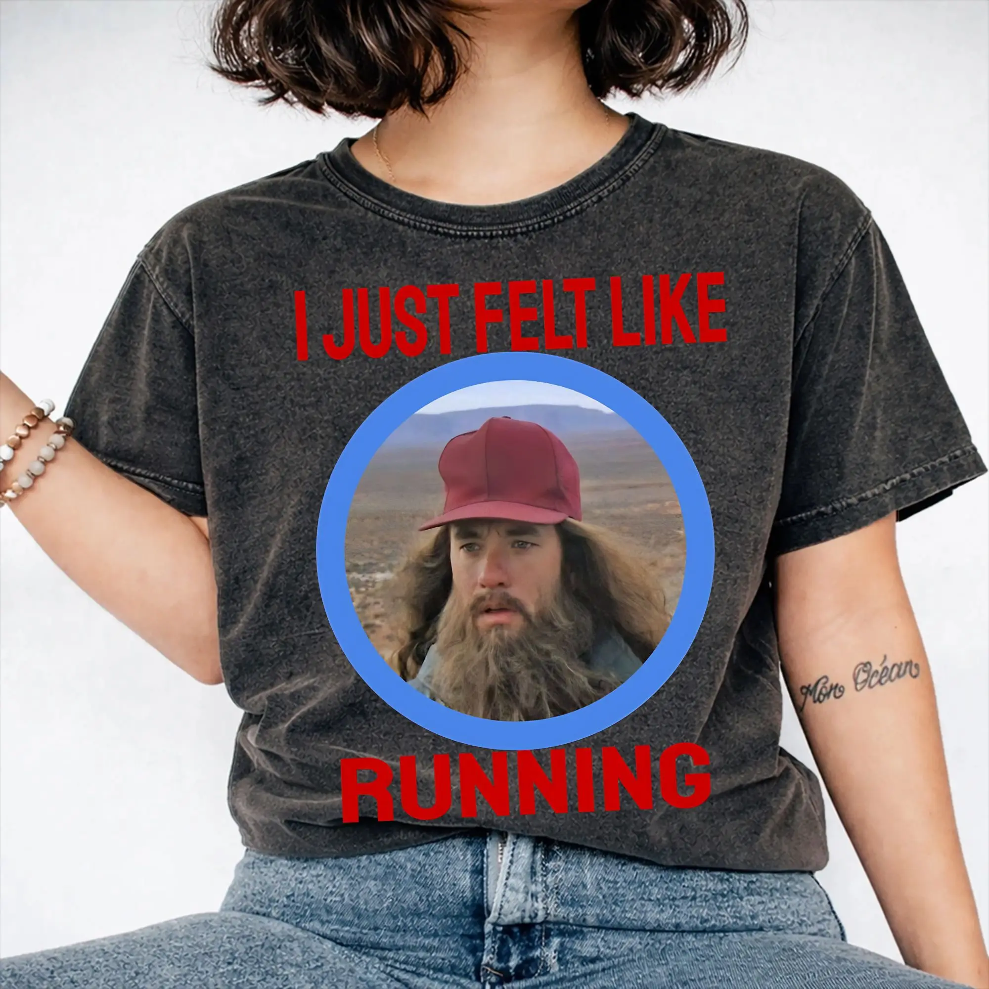 I just felt like running Run Forrest Run  T Shirts Hip Hop Washed Short Sleeve High Street T-Shirts Men Women Streetwear