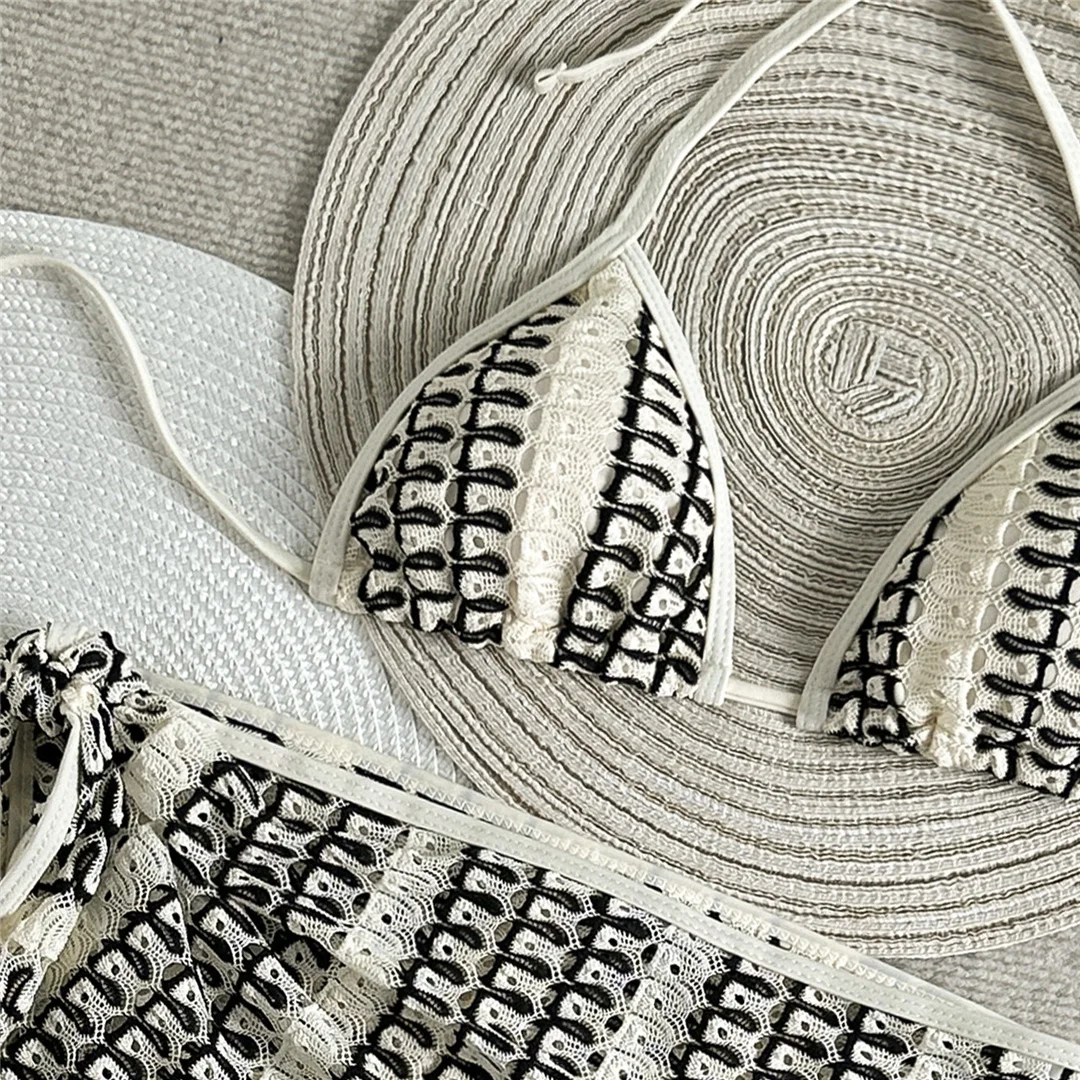 Mit Sarong-Halter, farbenfrohem Bikini, Damen-Badebekleidung, dreiteiligem Bikini-Set, gepolstertem Badeanzug, Badeanzug, Schwimmbekleidung V7597 – Detail 9