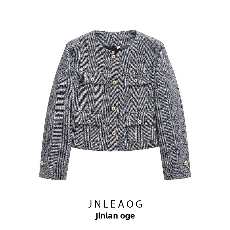 

JNLEAOG новая модная текстура тканый однорядный парфюм Sle Jaet женское длинное пальто во французском стиле со стойкой