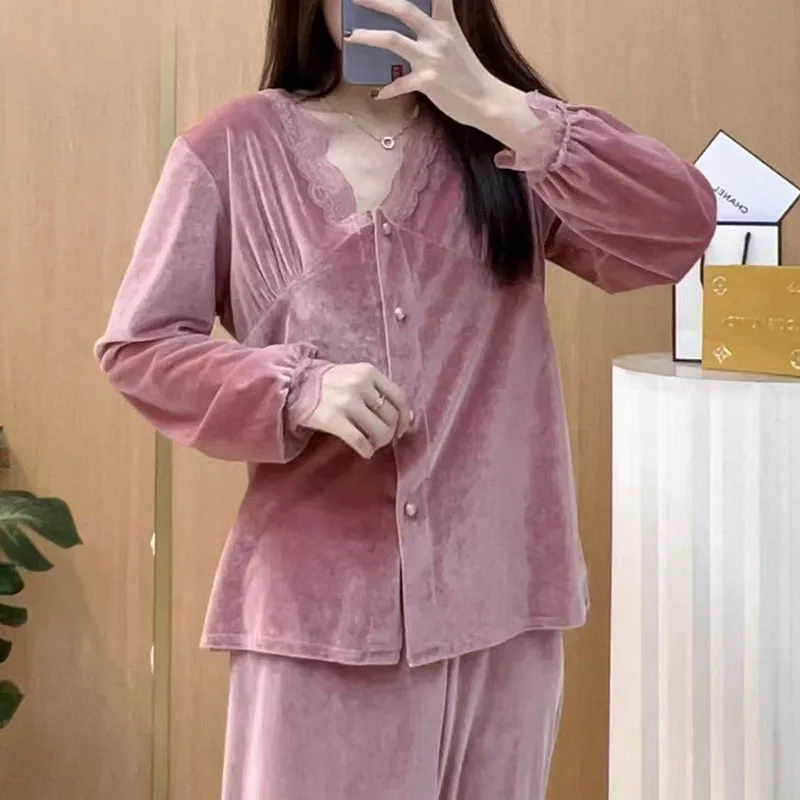 Velvet Pajamas Set Long Sleeve Top&pants 2Pcs Spring Autumn Nightwear Women\'s Home Clothes Warm Sleep Suit Sexy Lace Homewear