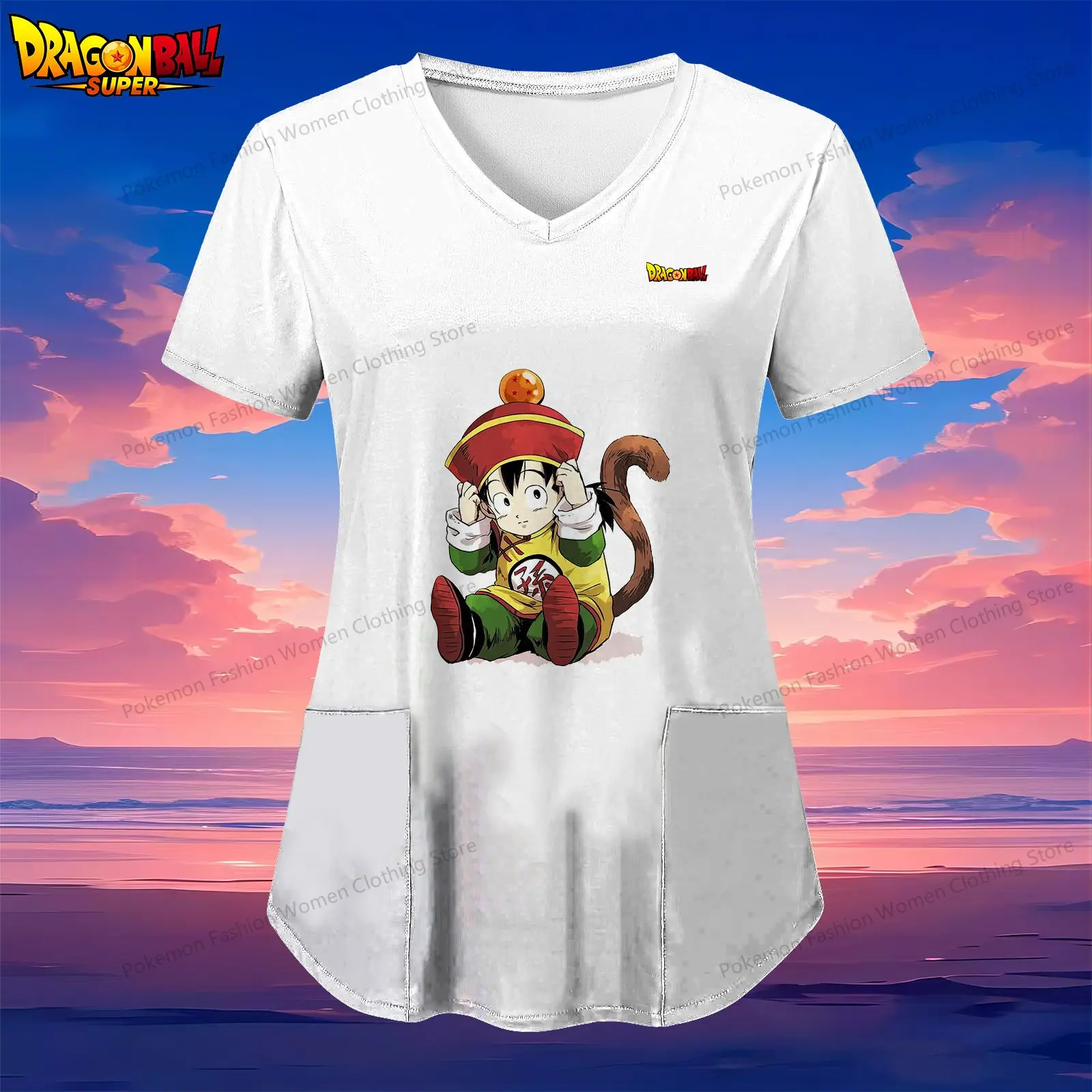 

Pocket Women's V Neck Nurse Uniform T-Shirt Dragon Ball Kakarotto Summer Clothes S-2XL Kawaii Tops 2024 Street Wear Anime Y2k