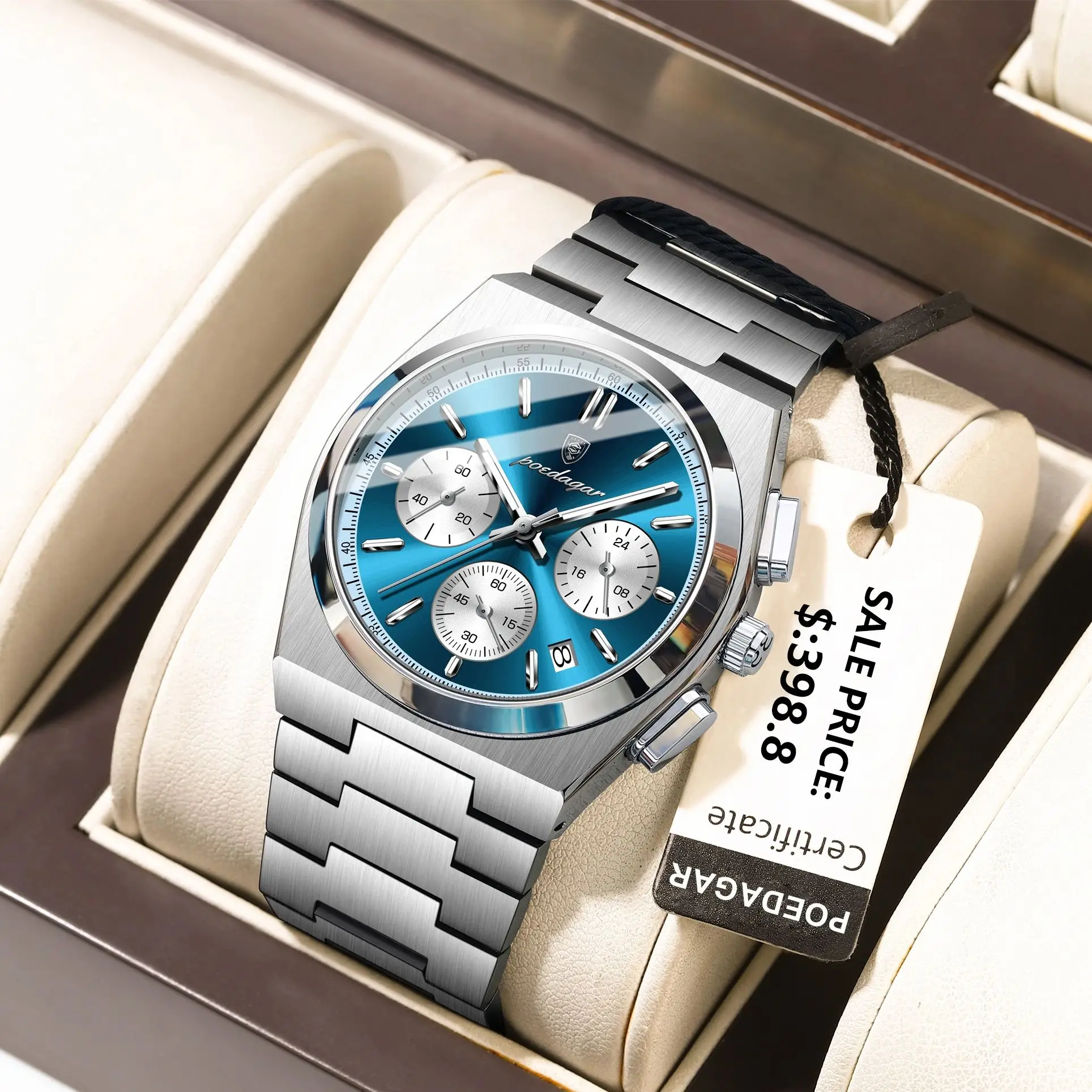 POEDAGAR ساعة رياضية فاخرة للرجال كرونوغراف تاريخ الفولاذ المقاوم للصدأ ساعة اليد الرجالية مقاوم للماء مضيئة موضة كوارتز ساعات رجالية