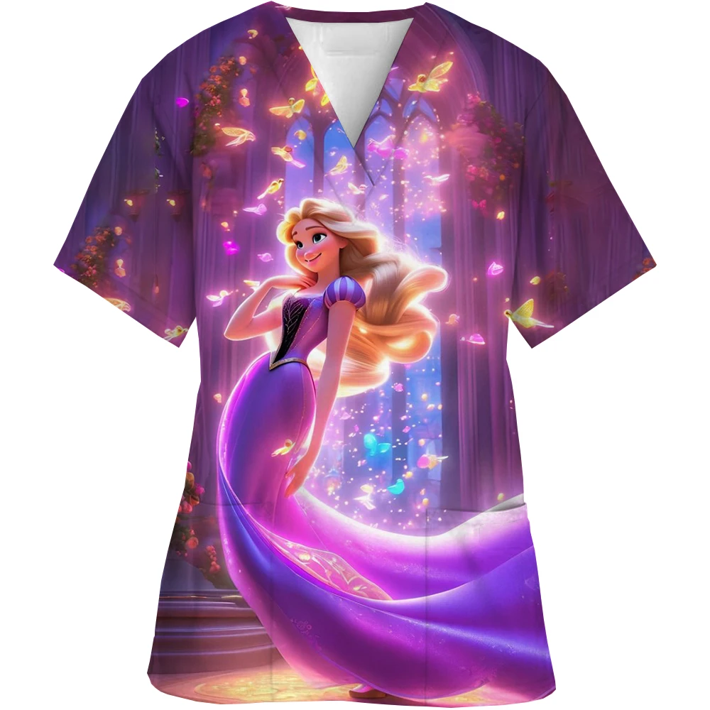 Disney Princess Moana Print V-Neck Print Scrub Top Short Sleeve Top Hospital Nurse Caregiver Pet Shop Work Uniform