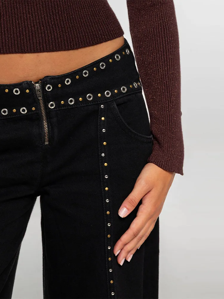 Retro-Jeans mit hoher Taille und weitem Bein, Y2K-Stil, bodenlange, mit Nieten verzierte, gerade geschnittene lange Hose, coole Mädchenmode, High Street – Detail 8