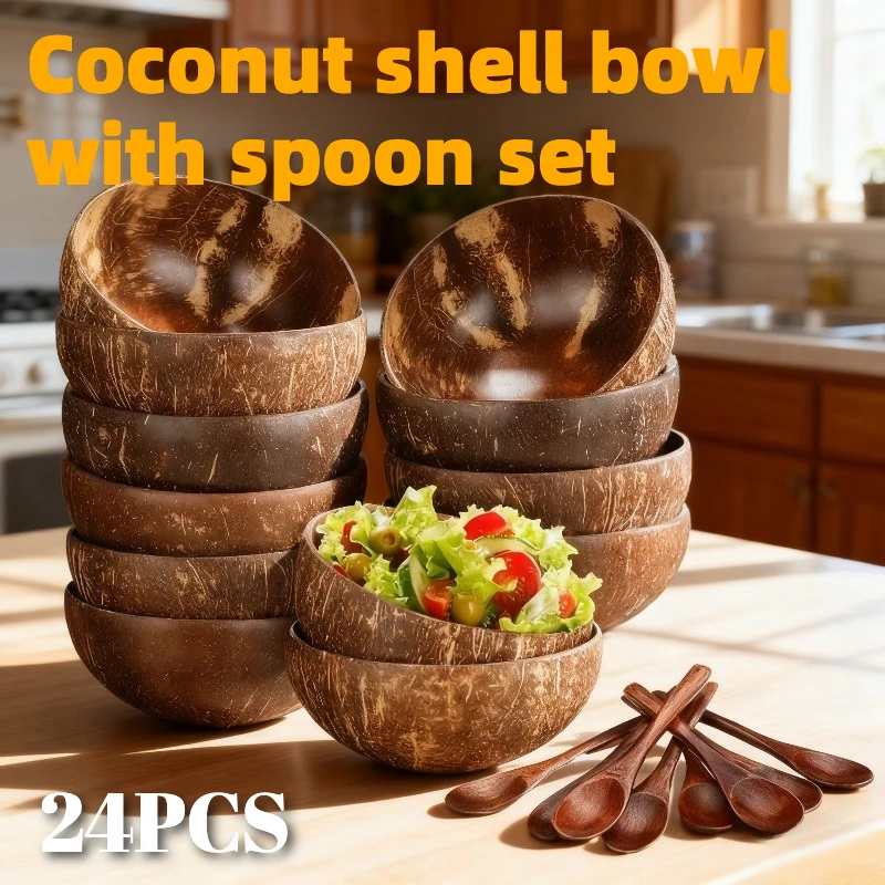 

24pcs Coconut Shell & Wood Bowl and Spoon Set - Rust-Proof Serving Bowls with Polished Wood Spoons for Smoothies, Salads, Yogurt