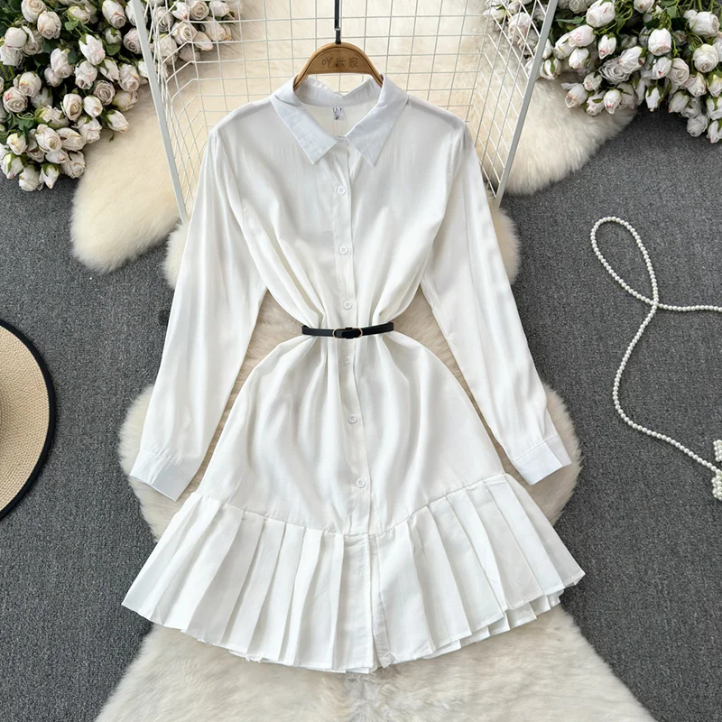 Fashion Commuter Slim Dress Design Sense Single-breasted A-line Pleated Ruffled Dress Korean Style Women's New Knee-length Skirt