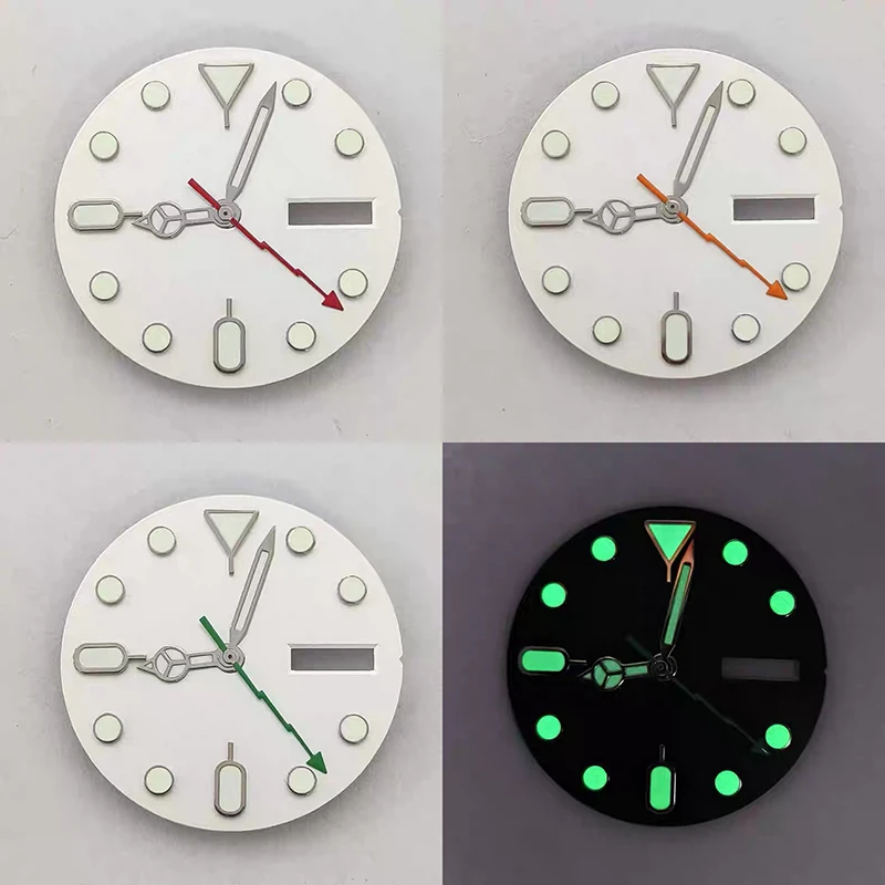 28,5 мм зеленый светящийся двойной календарь, белый матовый циферблат для часов + Benz Lightning Hands, аксессуары для часов, подходят для механического механизма NH36