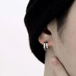 Vintage Gothic Silver Color Circle Stud Earrings For Men Punk Rock Style Party Jewelry Aesthetic Accessories
