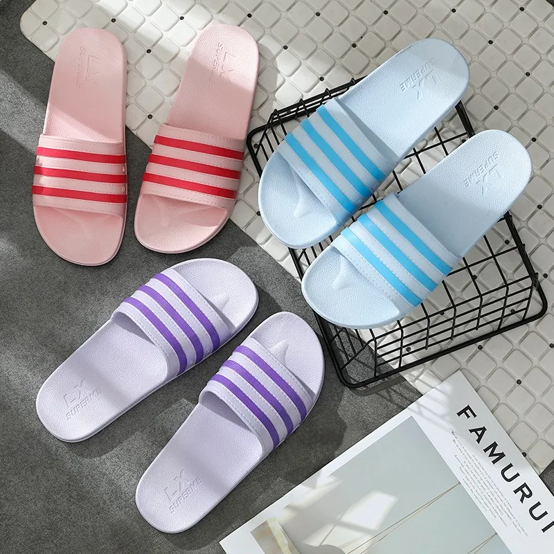 Unisex Slippers Women New Colorful Striped Slippers Men Size 36-45 Couple Beach Sandals PVC Non-slip Flat Home Bathroom Slippers