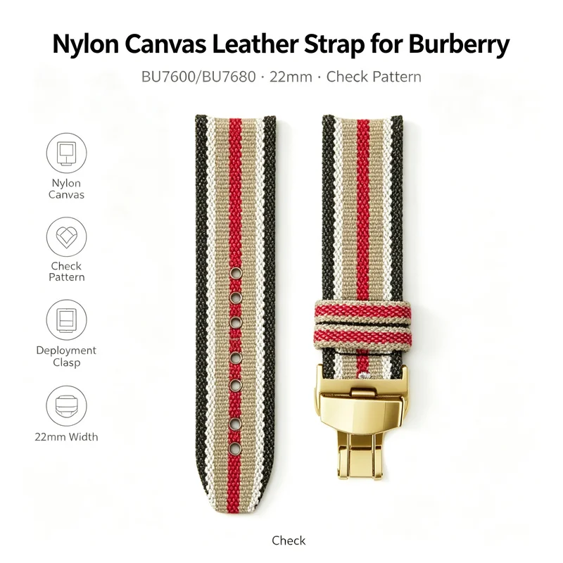 22mm Nylon Canvas Leather Strap for Burberry BU7600 BU7680 Check Pattern Gold Deployment Clasp Men's Premium Replacement Band