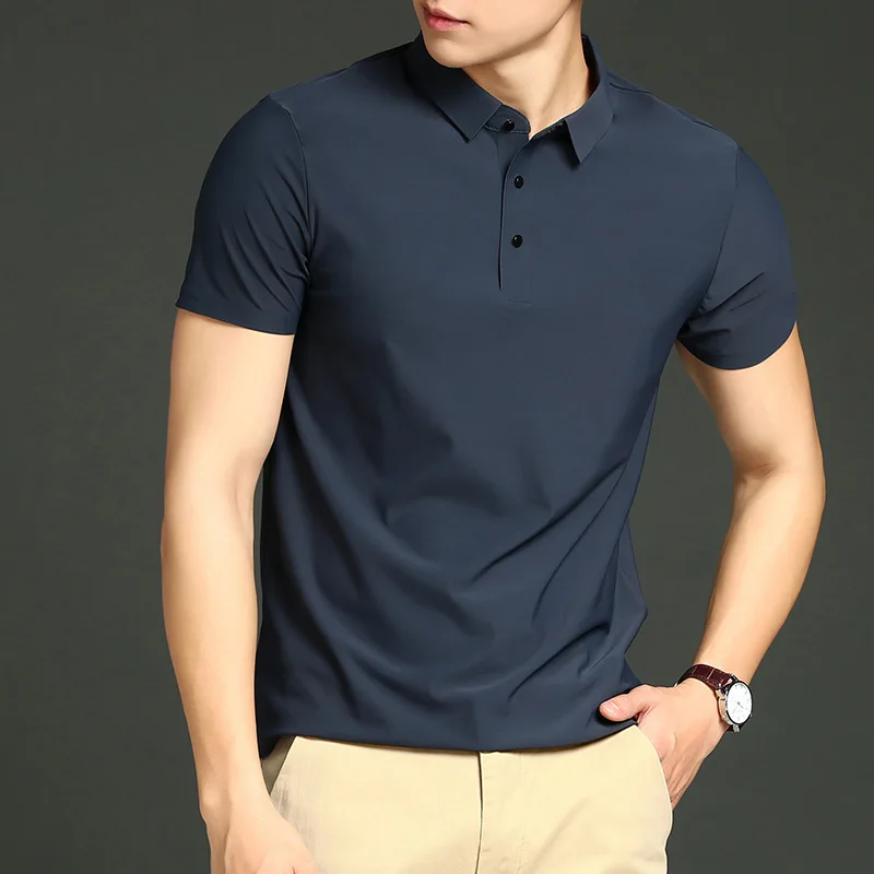 

Summer Stretch Ice Silk Pure Color Polo Shirt Men Business Casual T-shirt Short Sleeve Lapels Slim Fit Quick-drying Thin Top Men