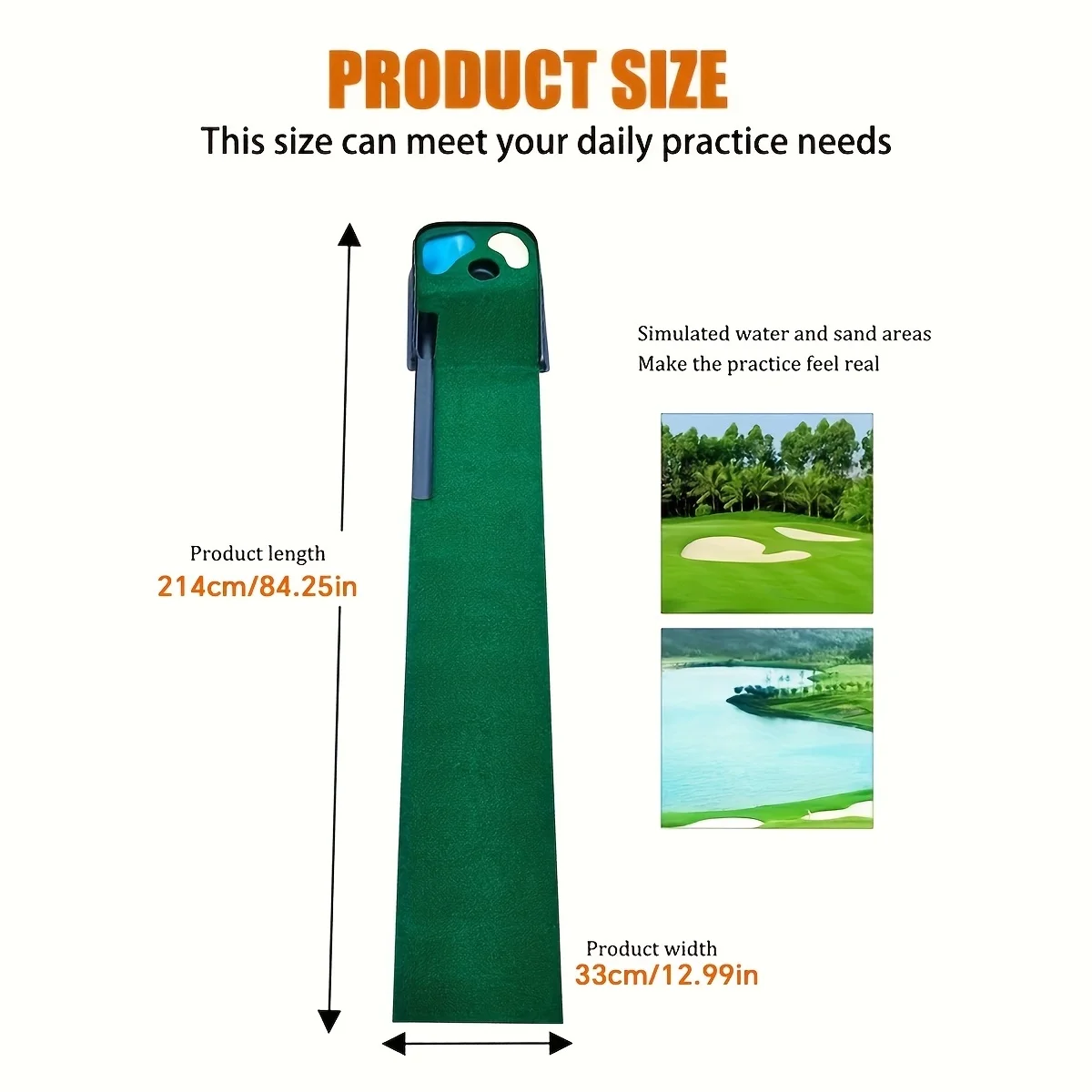 Portable golf putting mat with plush surface, easy to store, simulates sand traps and water hazards
