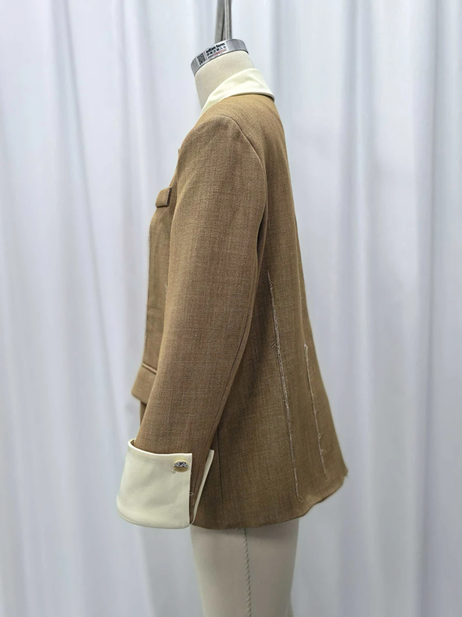 VGH Vintage Distressed Zerrissene Jacke für Frauen Revers Langarm Patchwork Unregelmäßige Tasten Britischen Süßen Stil Mantel Weibliche Neue