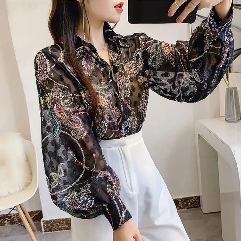 Women's Spring Fashion Simplicity Sexy Floral Long Sleeve Chiffon Shirts Women Clothes Trend Casual Elegant Temperament Tops