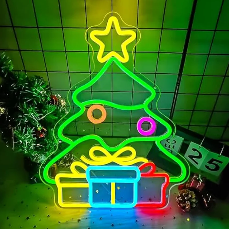 

Christmas Neon Sign Tree Gift Box Light Decorations Dimmable LED Light Up Sign for Wall Decor Party Kids Gift Winter Home
