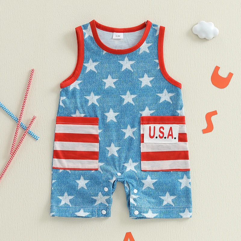 Pagliaccetto senza maniche con stampa bandiera americana del 4 luglio per bambini con tasche Adorabile completo estivo per il Giorno dell'Indipendenza