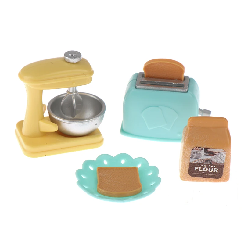 Mini máquina de pan para casa de muñecas, tostadora, batidora, plato de pesaje, cuchillo de cocina, cubo de basura, juego de cocina para coche y comedor, 1:12
