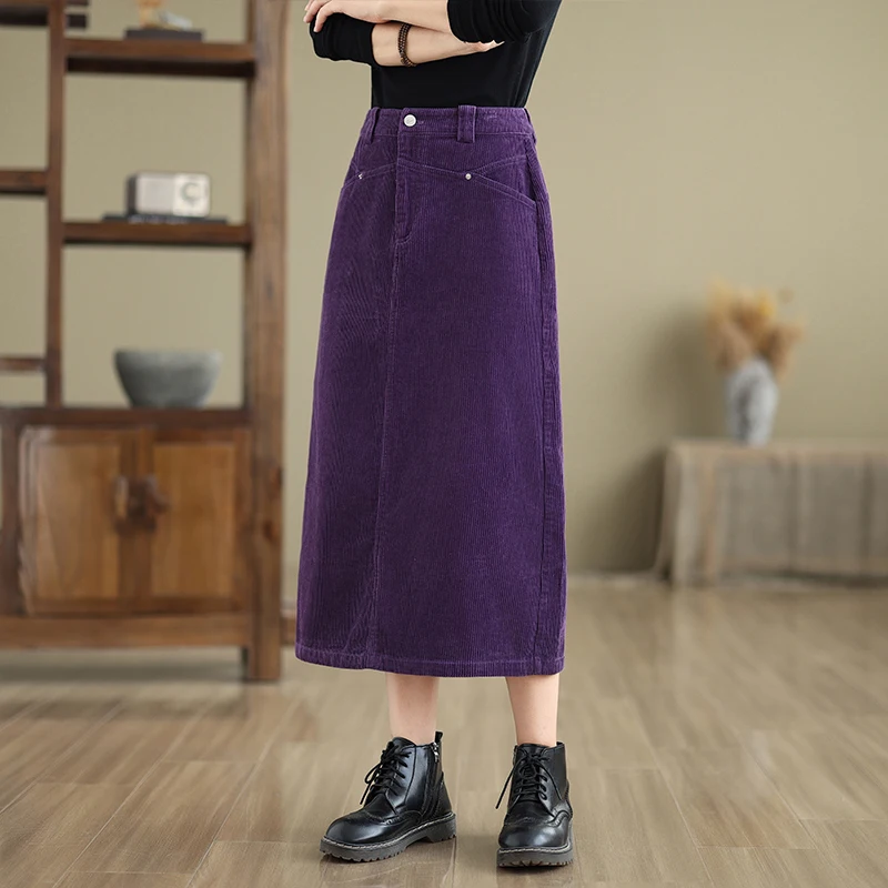 ارتفاع الخصر سروال قصير ميدي تنورة اللون الأرجواني تنوعا Quali الخريف الشتاء ألف خط تنورة تخفيف Sle Cosite النسيج