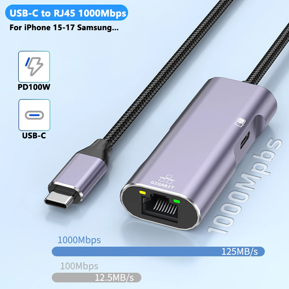 

Адаптер локальной сети USB-C к RJ45 для HUAWEI Samsung iPhone 15 16 17 Ethernet-адаптер RJ45 с портом зарядки PD100W, кабель 100 см