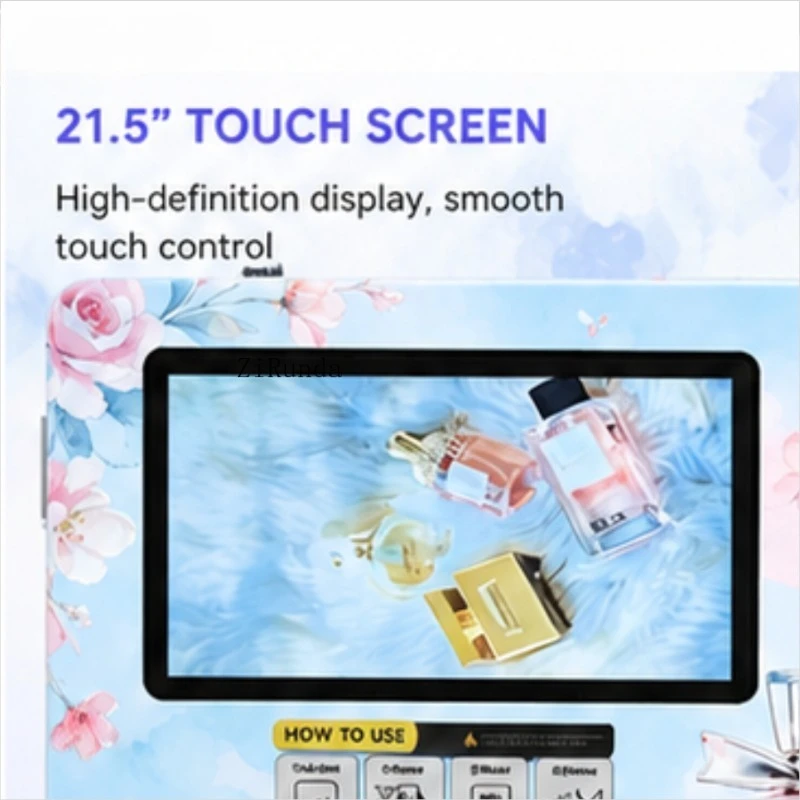 A mais recente máquina de venda automática de perfumes pequena e montada na parede está equipada com tela sensível ao toque.