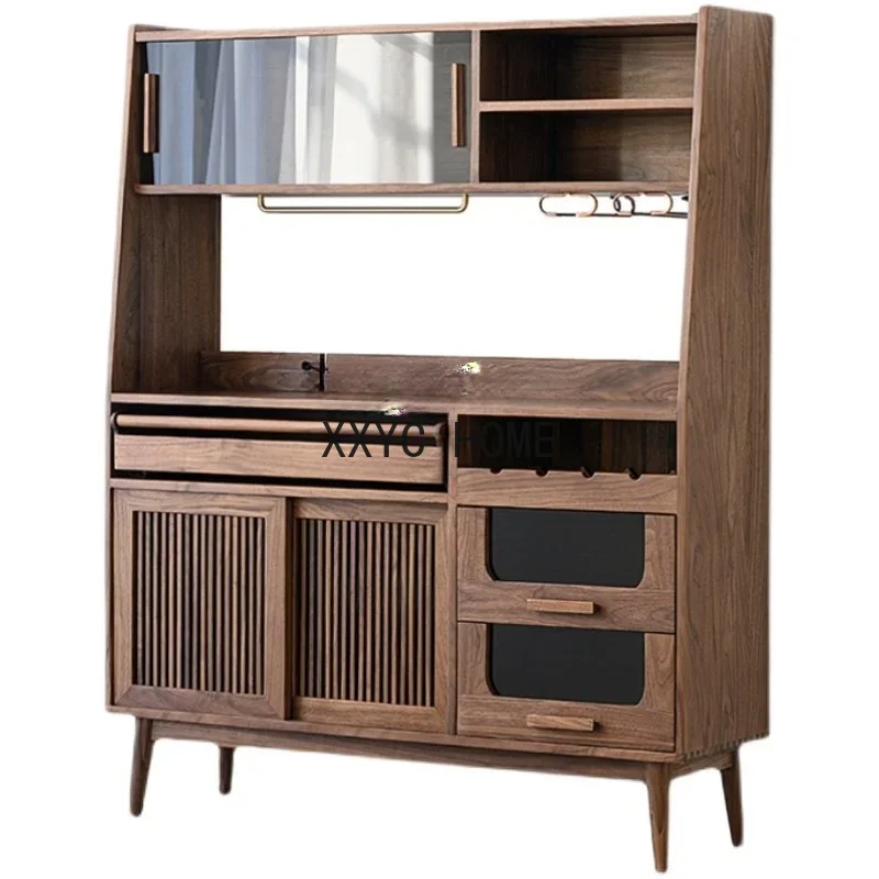 

North America Black Walnut Wood Sideboard Cabinet Nordic Multi-Function Storage Glass Sliding Door Restaurant Locker