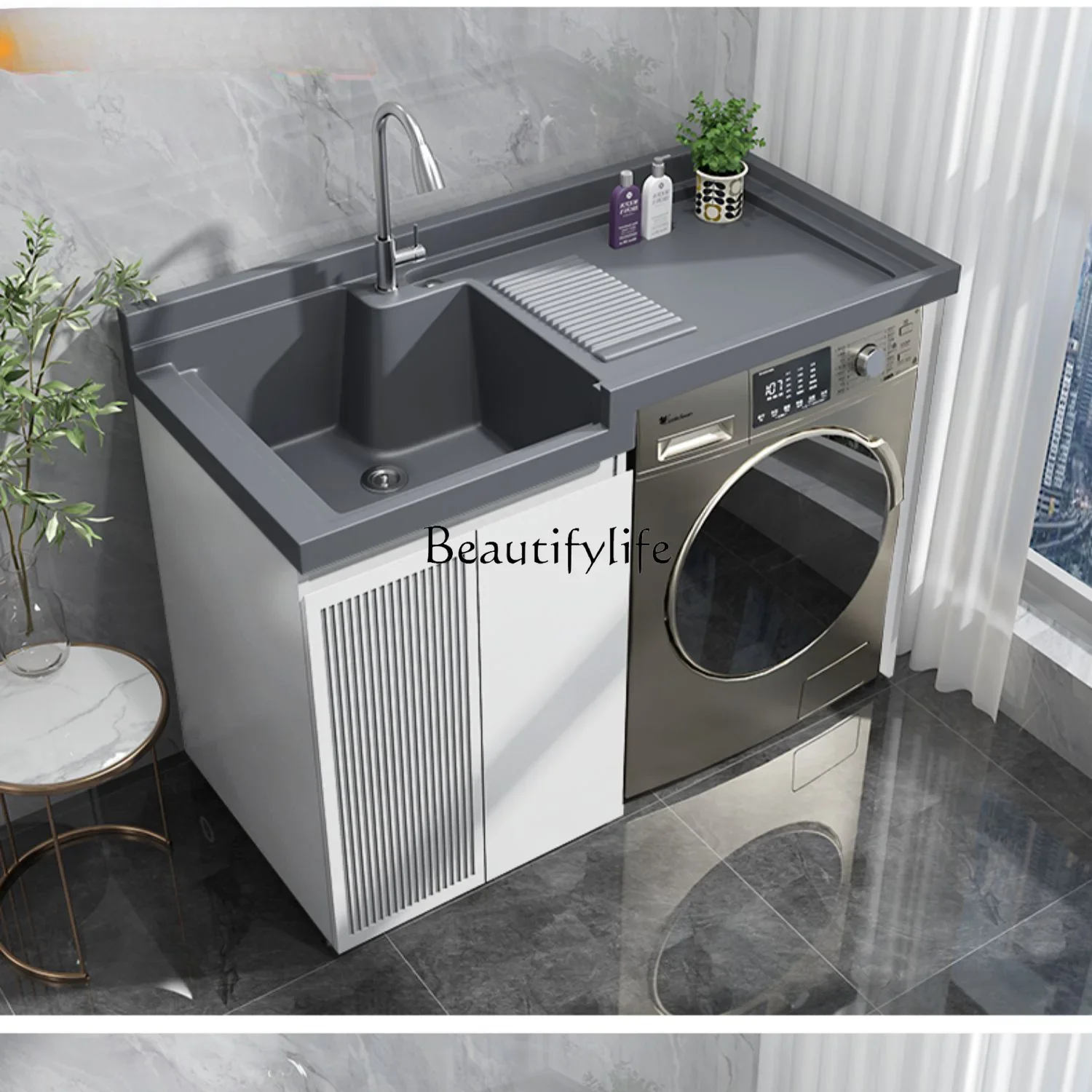 

Stainless Steel Balcony Washing Machine Cabinet with Washboard Integrated Laundry Tub Companion Wash Wardrobe
