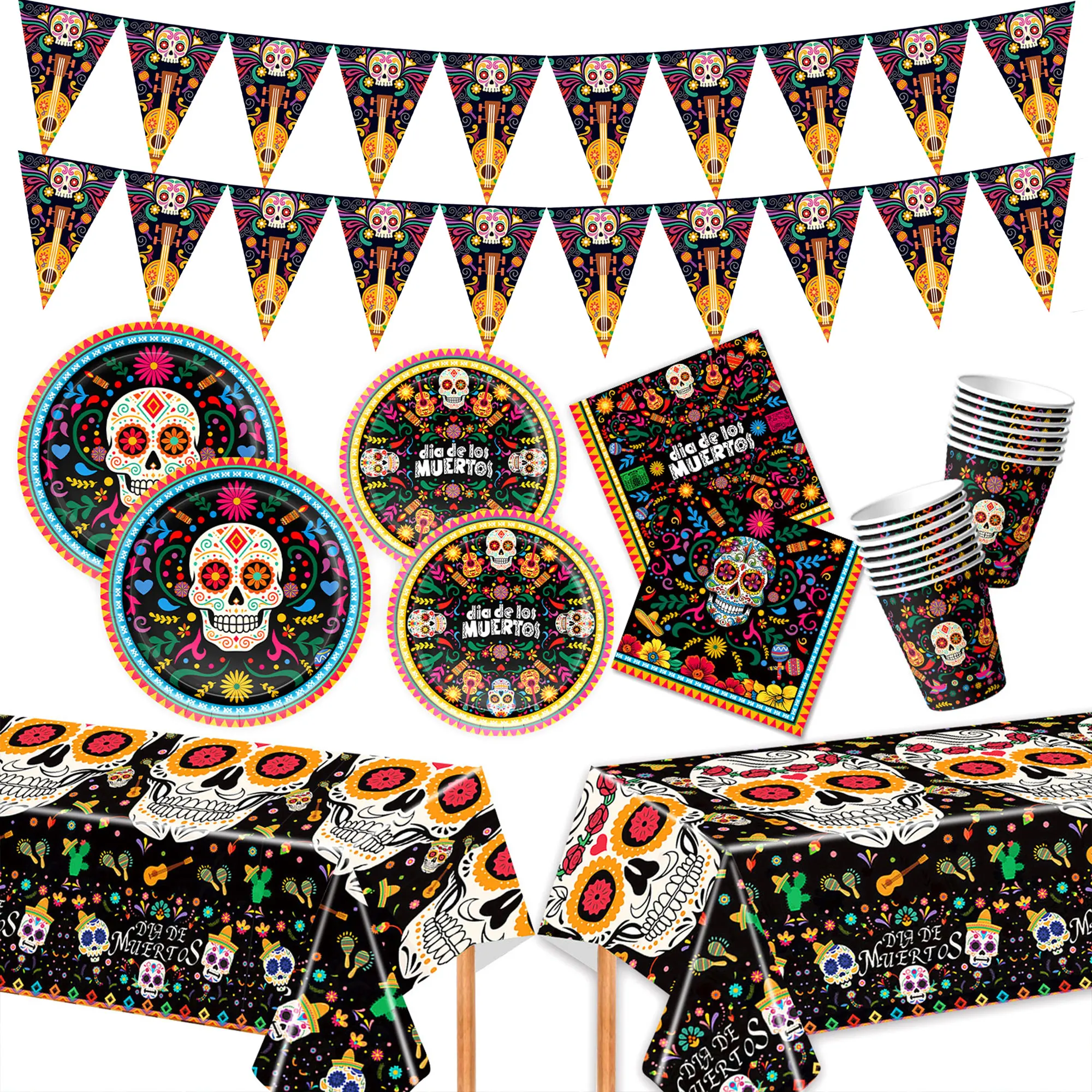 Mexican Day Of The Dead Party Decoration Fiesta Skull Plate Cup Napkin Tablecloth Pennant Day Of The Dead Party Favors Supplies