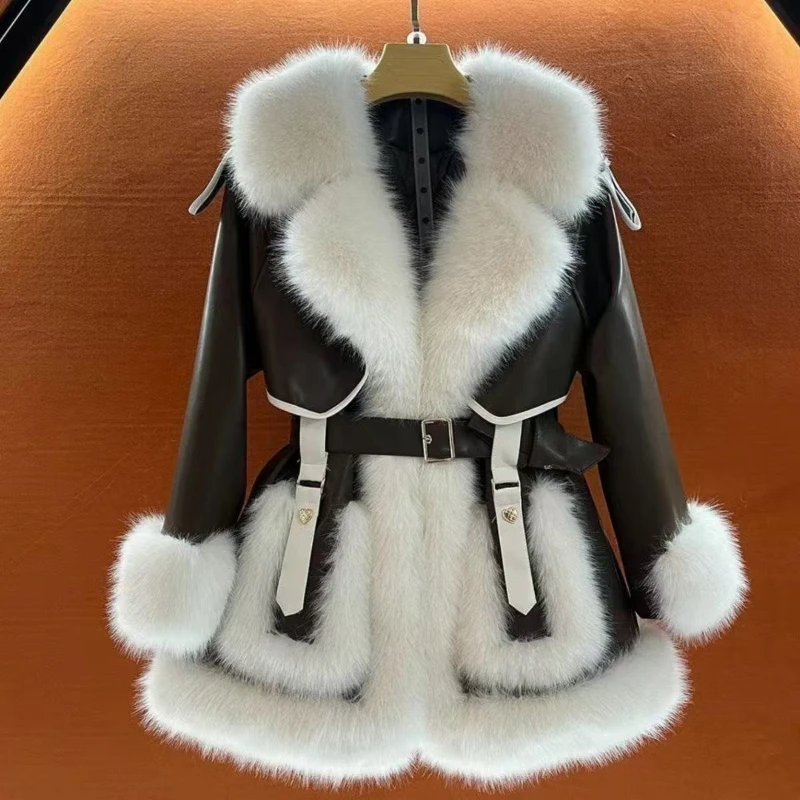 

2025 New Outwear Autumn and Winter Faux Fox Fur One-piece Jacket Warm Fur Coat with Belt Style Fashion Overcoat