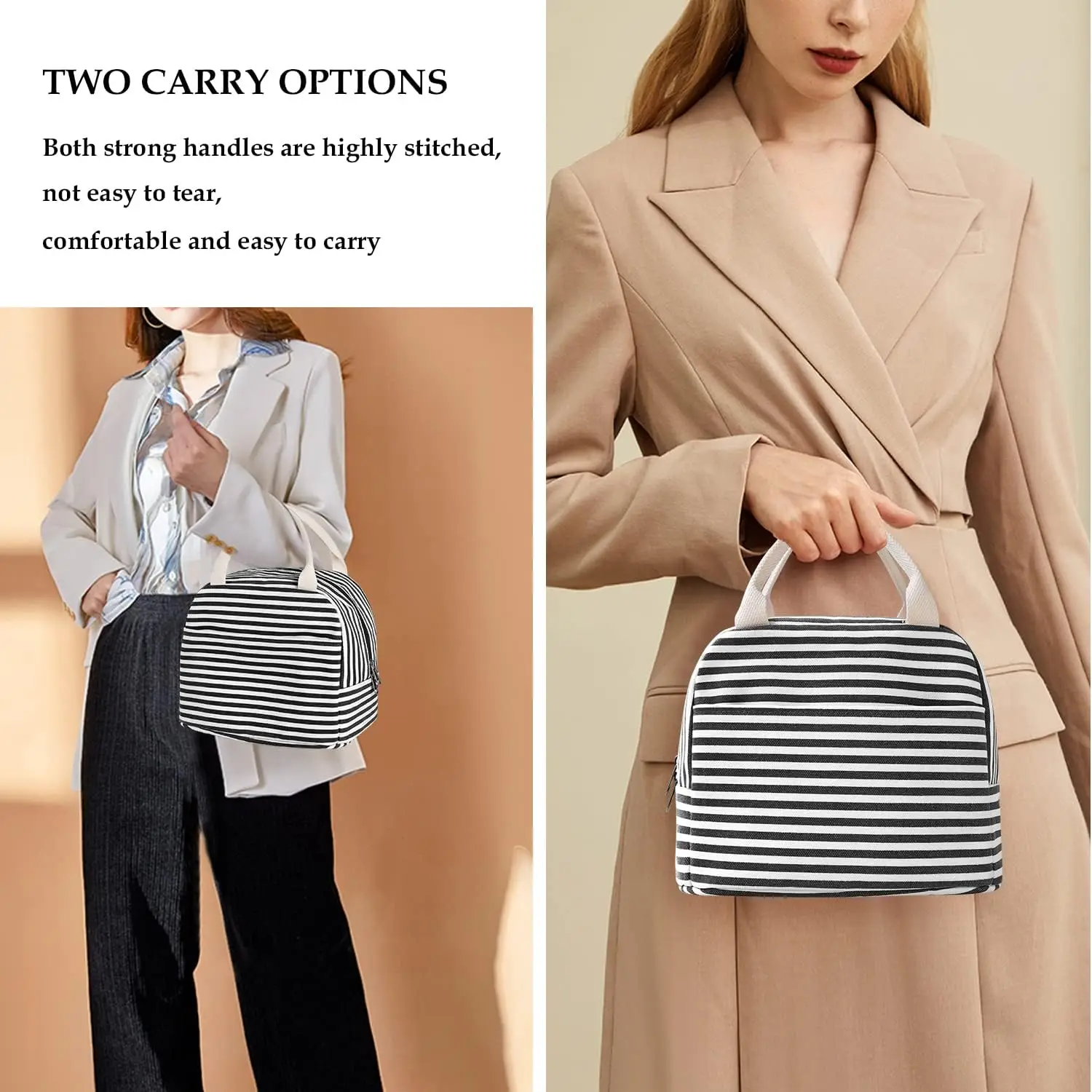 Canvas Lunch Tote Bag for Women for Work with Black and White Stripes, Reusable Insulated Meal Prep Preppy Lunch Box Bag