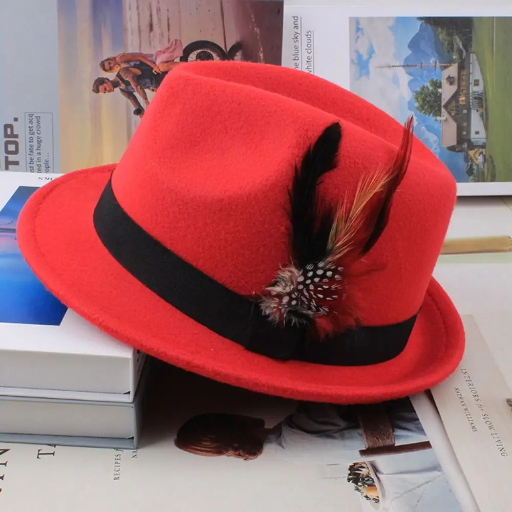 Fashion Dress Up Feather Decors Fedora Hat Panama Jazz Bucket Hat Woolen Vintage Jazz Hat Party Photo Props