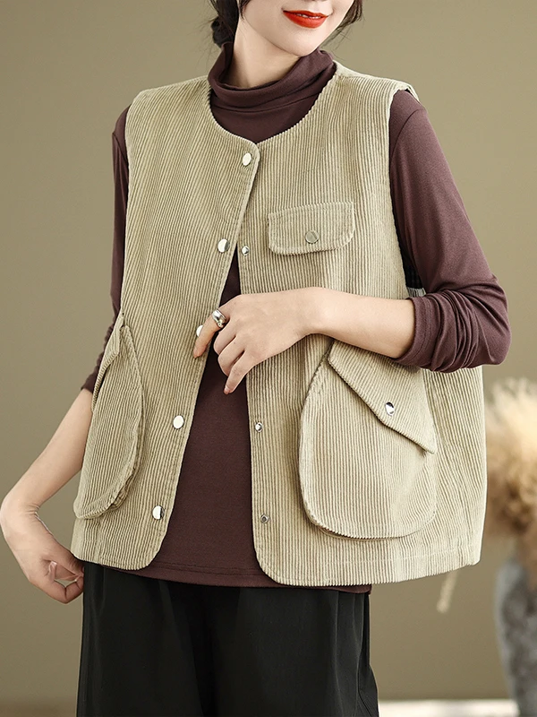 

Women's Retro Corduroy Vest 3D Color round Ne Workwear Jaet Autumn New Sle Commute Sle Single Button Closure