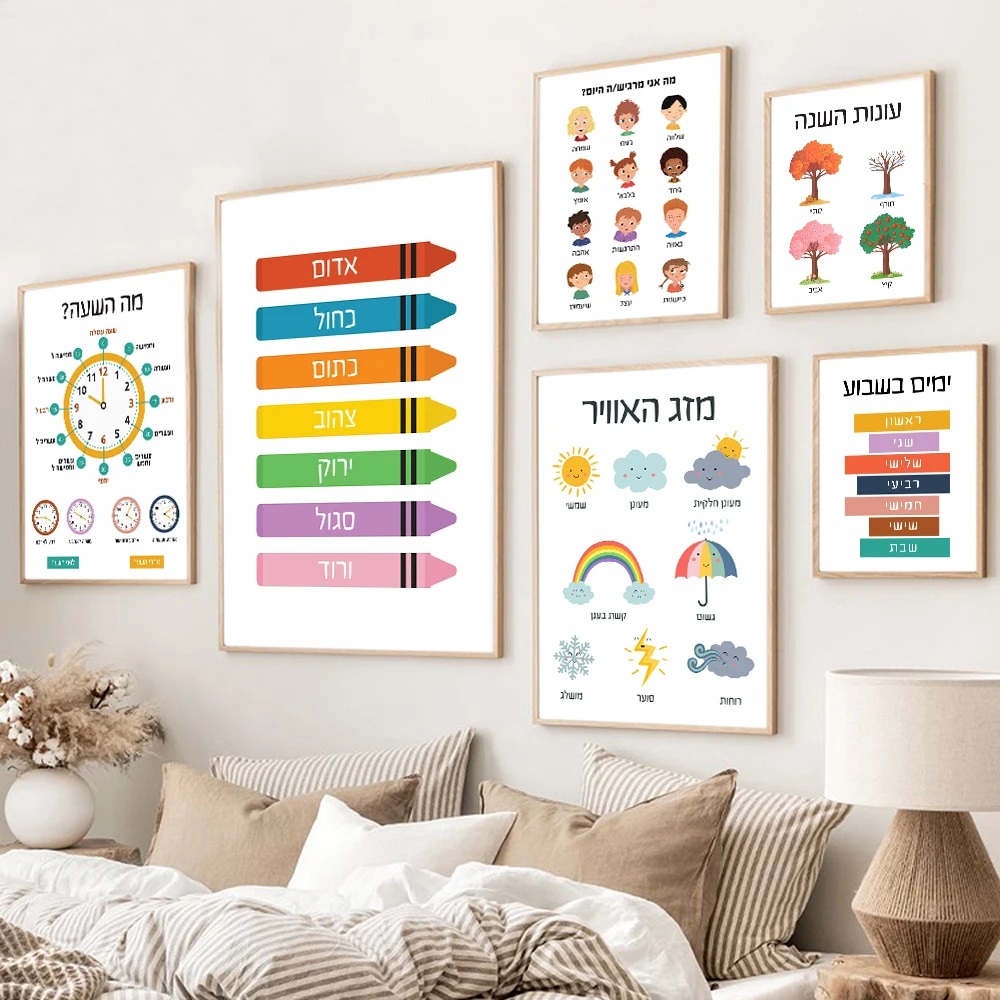 

Hebrew Poster Colorful Educational Quote Wall Art Classroom Print Learning Days Child Materials Canvas Painting Room Home Decor