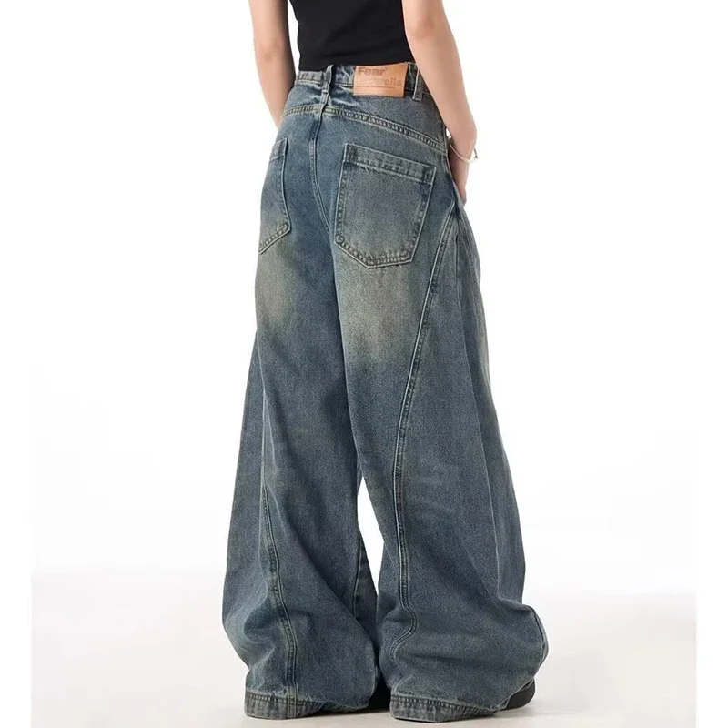 

Широкие джинсы в стиле ретро для женщин больших размеров, с высокой талией, повседневные, свободные, из денима, в корейском стиле, длинные брюки