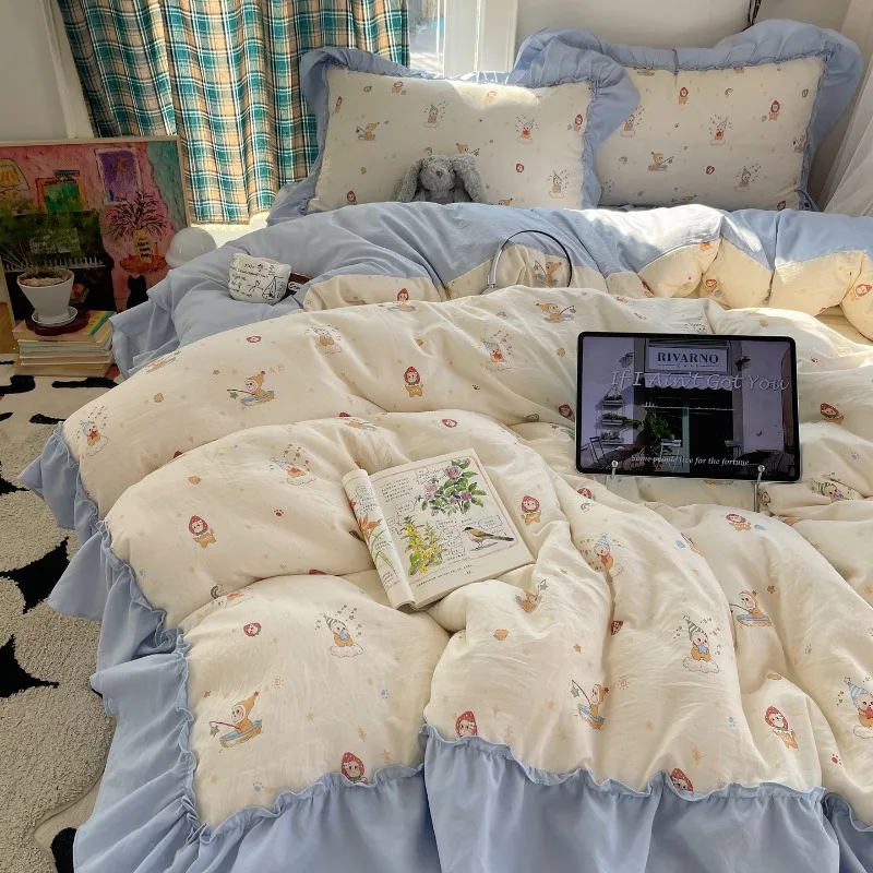 

Срок А, древняя имитация хлопка, моющийся комплект из четырех предметов, французское кружевное постельное белье, маленький свежий принт, милый комплект из трех предметов