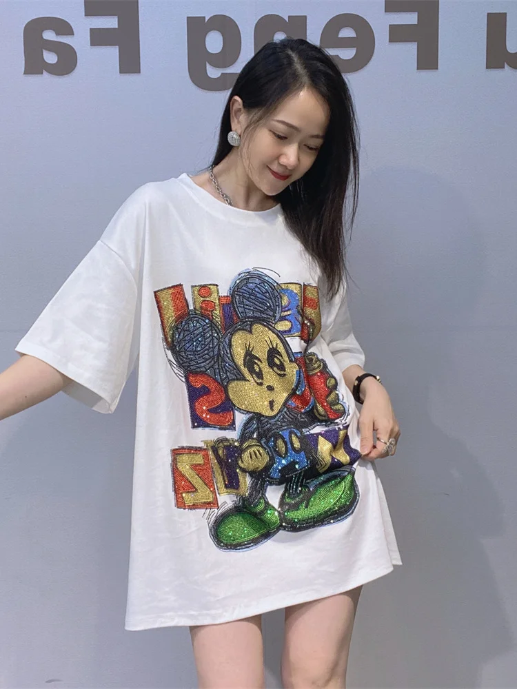 

Heavy Duty Casual Loose Short Sleeve round Neck Glitter T-Shirt Women Summer Fashionable Cover Butt Oversize Top Cotton Polye...