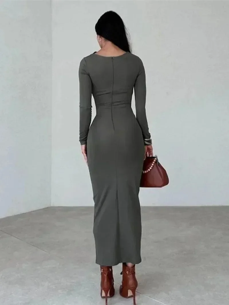 2024 Spring Women\'s O-neck High Waist Folds Long Dress Streetwear Winter Office Lady Solid Tunics Bodycon Evening Party Dresses