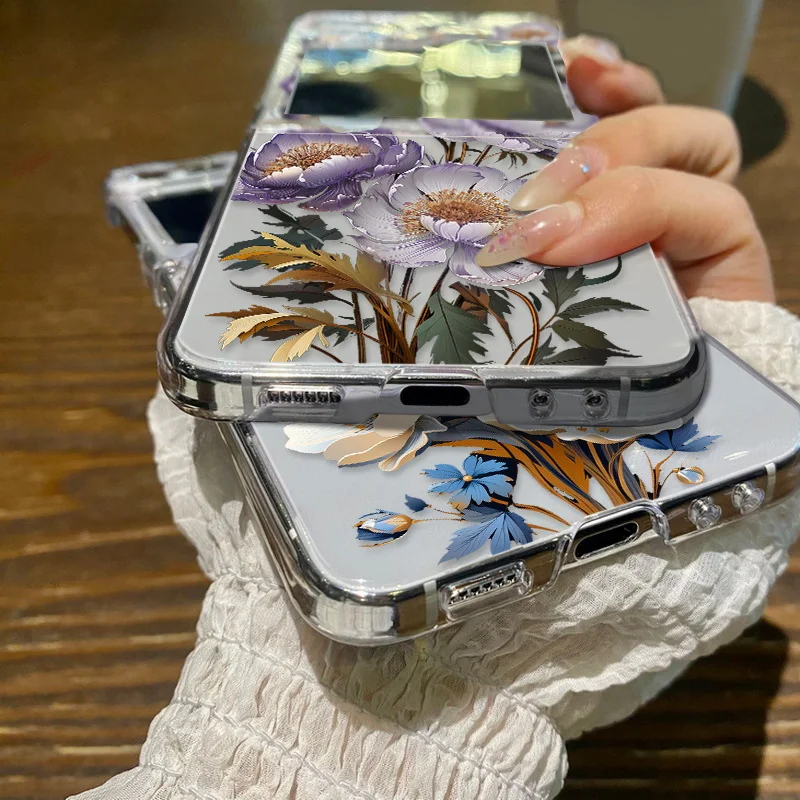 Purple Flowers Phone Case For Samsung Galaxy Z Flip7 FE Flip5 Flip6 Transparent PC Folding Cover For Samsung Z Flip 3 4 5 6 7 5G